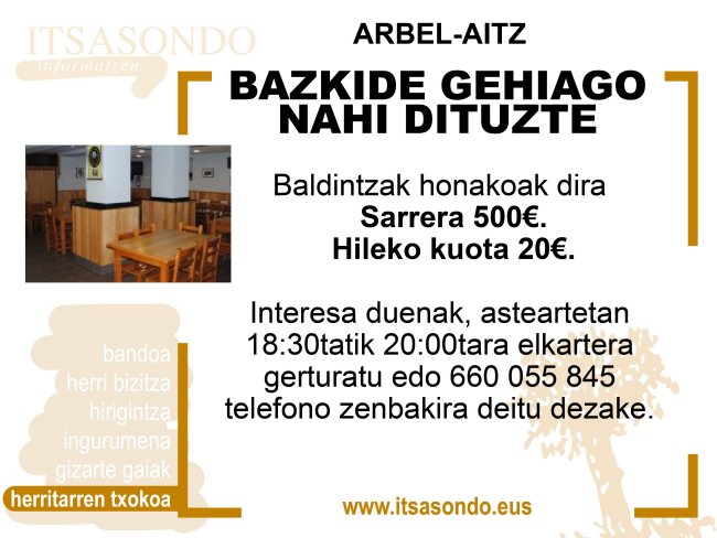 BAZKIDE GEHIAGO NAHI DITUZTE ARBEL-AITZ ELKARTEAN 